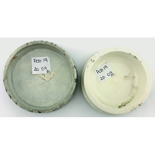 84 - POT LID DUO. 3ins diam, black & white, ORIENTAL TOOTH PASTE/ JEWSBURY & BROWN/ MANCHESTER, marble ef... 