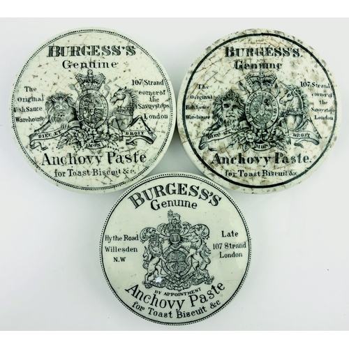 85 - BURGESS’S POT LID TRIO. 3.5ins diam, black & white, BURGESS’S/ GENUINE/ ANCHOVY PASTE, coat of arms ... 