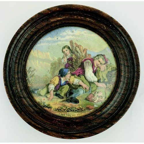 88 - FRAMED I SEE YOU MY BOY PRATTWARE LID. KM 318, 5.5ins diam, multicoloured.