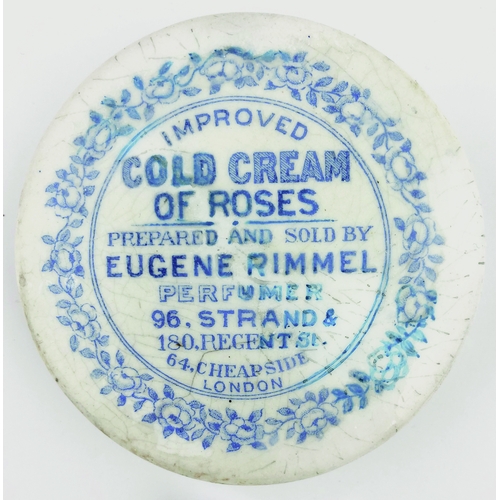 94 - EUGENE RIMMEL POT LID. 2.75ins diam, blue print, COLD CREAM/ OF ROSES/ EUGENE RIMMEL/ LONDON. Floral... 