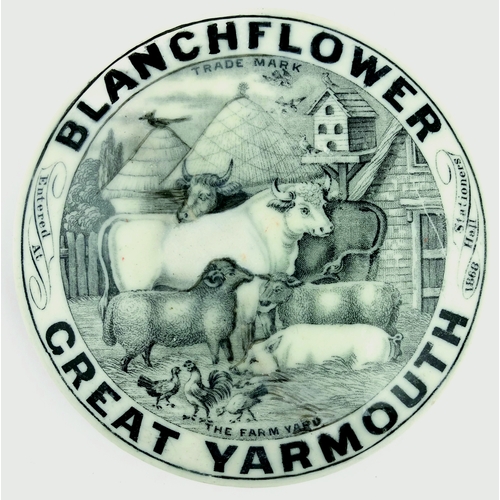 95 - BLANCHFLOWER POT LID. 3.75ins diam, black & white, BLANCHFLOWER/ GREAT YARMOUTH. Highly detailed far... 