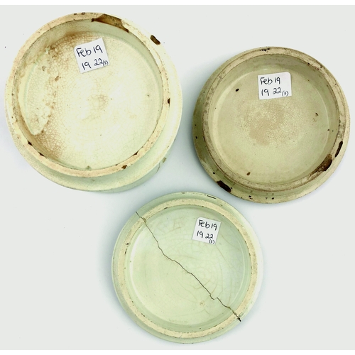 97 - PRATTWARE POT LID TRIO. Largest 4.25ins diam, multicoloured, KM68 The Shrimpers with base, KM135 Sec... 