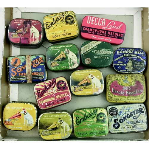 149 - TINS GROUP. Selection of colourful gramophone needle tins - various brands inc. Embassy, Songster, D... 