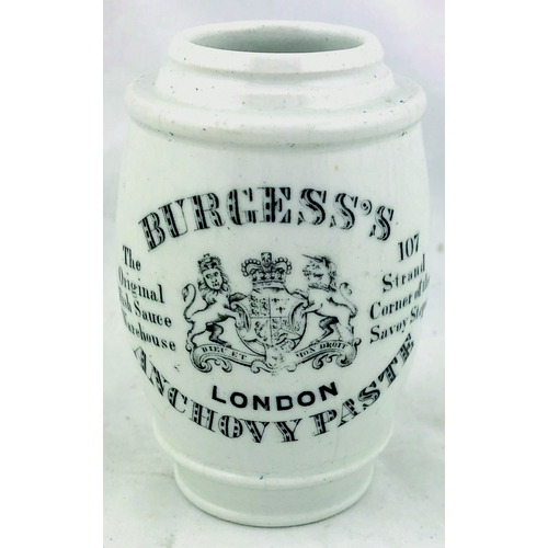 389 - BURGESS’S ANCHOVY PASTE JAR. 3.25ins, black & white transfer, coat of arms to centre. Very good.