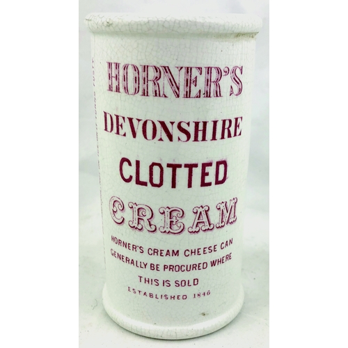 394 - HORNER’S DEVONSHIRE CLOTTED CREAM CYLINDER. 4.75ins, pink transfer, several lines of writing to both... 