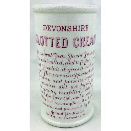 394 - HORNER’S DEVONSHIRE CLOTTED CREAM CYLINDER. 4.75ins, pink transfer, several lines of writing to both... 