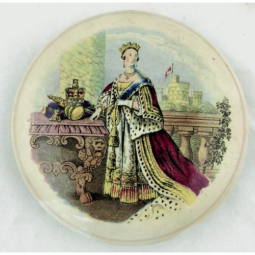 395 - QUEEN VICTORIA MULTICOLOURED PRATT LID. KM 166, 4ins diam, pictured with orb & sceptre, faded what w... 