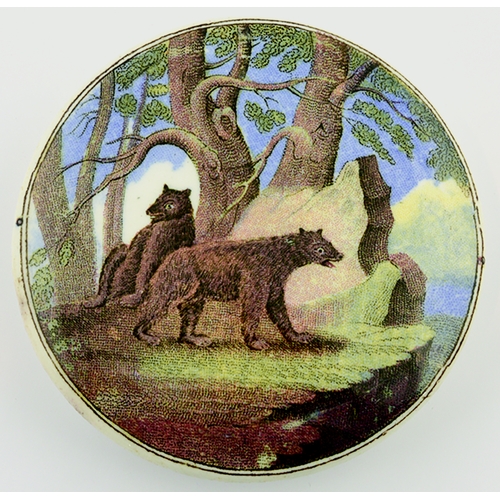 500 - BEARS ON ROCK POT LID. (KM 10) 3ins diam. Multicoloured lid produced by the T. J. & J. Mayer, this s... 