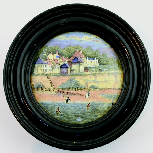 509 - PEGWELL BAY AND FOUR SHRIMPERS POT LID. (KM 33) 5.75ins diam in frame. Multicoloured lid produced by... 