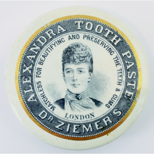 514 - DR ZIEMERS TOOTH PASTE POT LID. (APL p 418, 5a) 3.75ins diam. Black pict. transfer depicting Princes... 