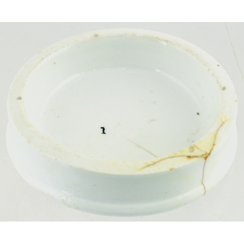 515 - LONDON ARECA NUT TOOTH PASTE POT LID & BASE. (APL p 361, 10) 2.5ins diam. Pict. black transfer depic... 