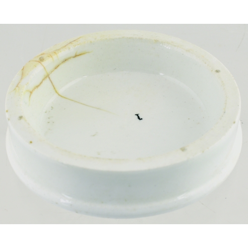 515 - LONDON ARECA NUT TOOTH PASTE POT LID & BASE. (APL p 361, 10) 2.5ins diam. Pict. black transfer depic... 