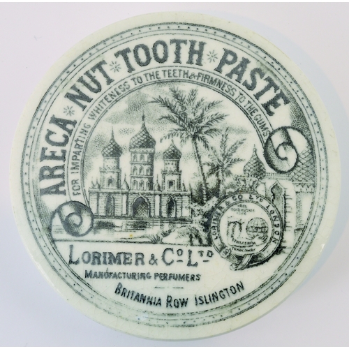 516 - LONDON ARECA NUT TOOTH PASTE POT LID. (APL p 340, 46) 2.5ins diam. Pict. black transfer depicting pa... 