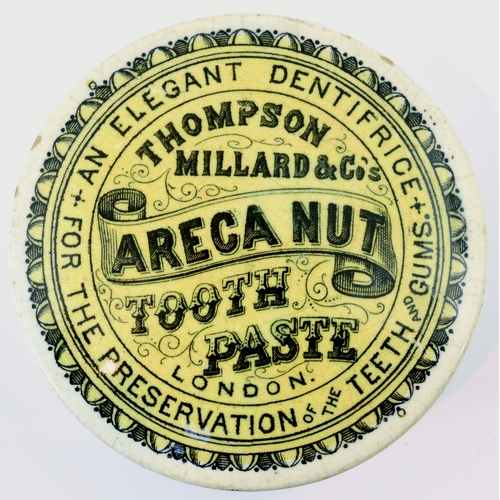 518 - LONDON ARECA NUT TOOTH PASTE POT LID & BASE. (APL p 401, 33) 2.75ins diam. Yellow background, busy t... 