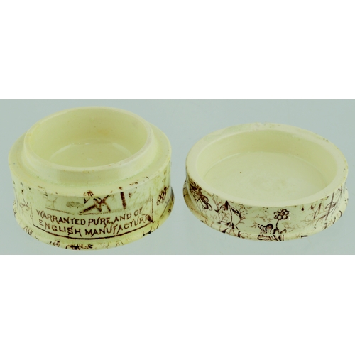 521 - BEDFORDS TOOTH PASTE POT LID & BASE. (APL p 150, 68) 2.75ins diam. Off white glaze, lid & base with ... 