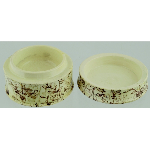 521 - BEDFORDS TOOTH PASTE POT LID & BASE. (APL p 150, 68) 2.75ins diam. Off white glaze, lid & base with ... 