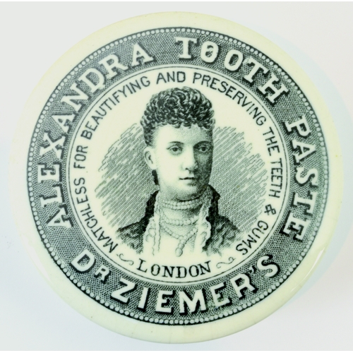 527 - DR ZIEMERS TOOTH PASTE POT LID. (APL p 418, 5a) 2.75ins diam. Black pict. transfer depicting Princes... 