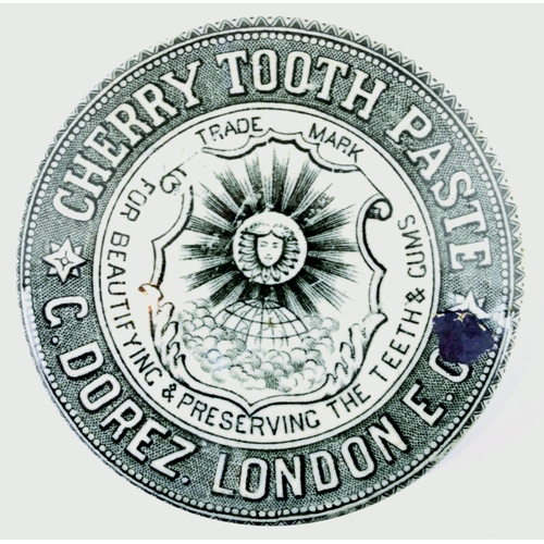 528 - LONDON CHERRY TOOTH PASTE POT LID. (APL p 287, 32) 2.5ins diam. Black transfer for CHERRY TOOTH PAST... 