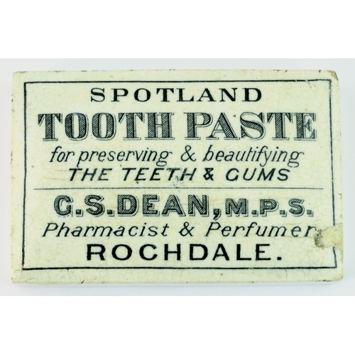 532 - ROCHDALE TOOTH PASTE POT LID. 3.25 by 2ins. Rectangular shape lid, black transfer fro SPOTLAND/ TOOT... 