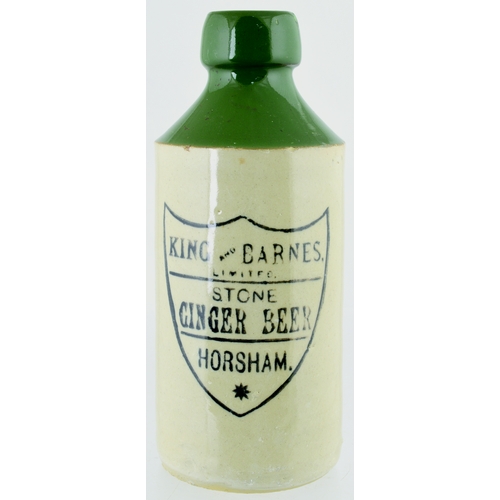 541 - HORSHAM GINGER BEER BOTTLE. 7ins tall. T.t, st, green top, black transfer KING AND BARNES/ LIMITED/ ... 