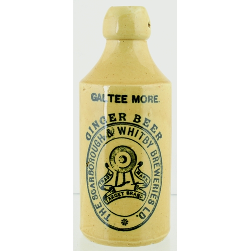 542 - GALTEE MORE PATENT SCARBOROUGH & WHITBY BREWERIES GINGER BEER. 7ins tall. All tan st. black transfer... 