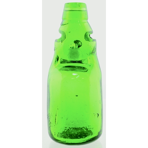 547 - RELIANCE PATENT CODD BOTTLE. 7.5ins tall. Bright green glass, 2 neck retaining lugs TRADE MARK below... 