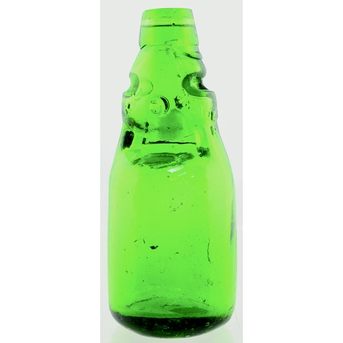 547 - RELIANCE PATENT CODD BOTTLE. 7.5ins tall. Bright green glass, 2 neck retaining lugs TRADE MARK below... 