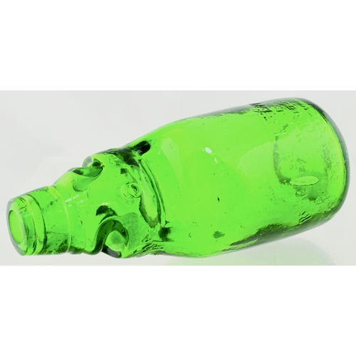 547 - RELIANCE PATENT CODD BOTTLE. 7.5ins tall. Bright green glass, 2 neck retaining lugs TRADE MARK below... 