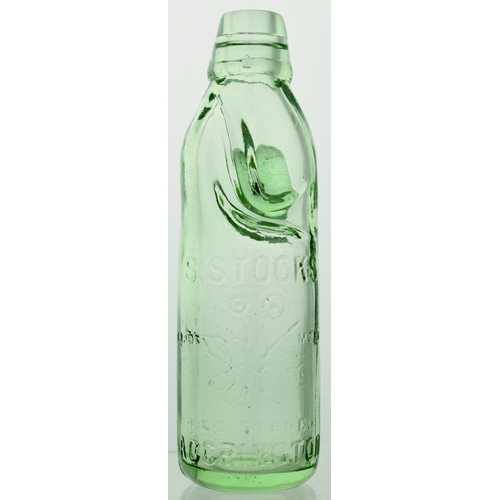 550 - ACCRINGTON HAYNES PATENT CODD BOTTLE. 7.25ins tall. Aqua glass, 6oz Haynes patent with bullet shape ... 