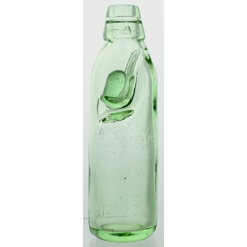 550 - ACCRINGTON HAYNES PATENT CODD BOTTLE. 7.25ins tall. Aqua glass, 6oz Haynes patent with bullet shape ... 