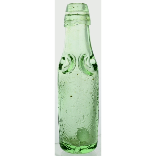 553 - CHURCH STRETTON CODDS PREMIER PATENT CODD BOTTLE. 7.5ins tall. Aqua glass, 6oz Premier Patent, 4 nec... 