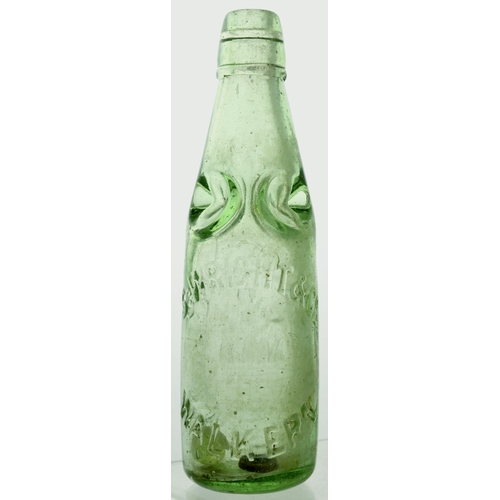 554 - WALKERN CODDS PREMIER PATENT CODD BOTTLE. 9ins tall. Aqua glass, 10oz Premier Patent codd, 4 neck re... 