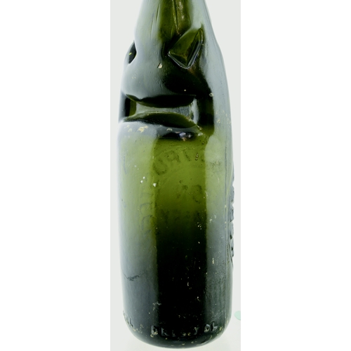 555 - OXFORD POWELL & BRISTOL CODD BOTTLE. 9ins tall. Very dark green glass, heavily embossed MORRELL’S TR... 