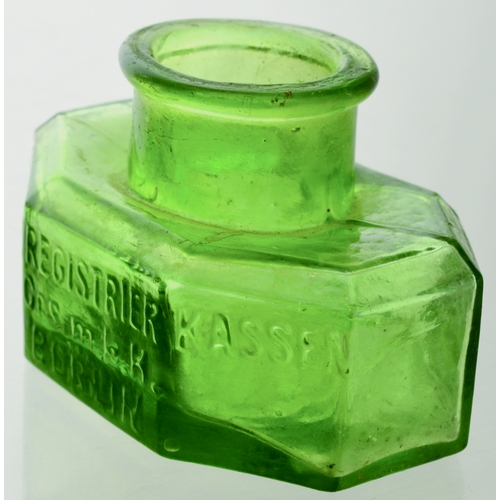 564 - GERMAN INK. 1.5ins tall. Bright green glass, flattened octagonal shape, front embossed NATIONAL REGI... 