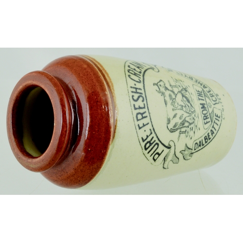 572 - DALBEATTIE CREAMERY POT. 4.5ins tall. Brown top, lower off white glaze, black transfer PURE FRESH CR... 