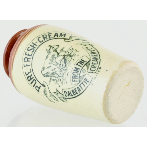 572 - DALBEATTIE CREAMERY POT. 4.5ins tall. Brown top, lower off white glaze, black transfer PURE FRESH CR... 