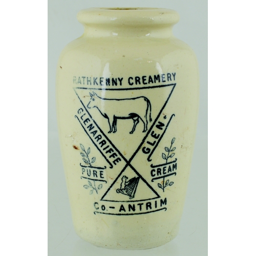 573 - CO ANTRIM CREAM POT. 4.5ins tall. Off white glaze, black transfer RATHKENNY CREAMERY/ GLENARRIFFE/ G... 