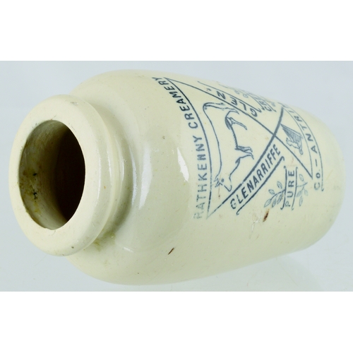 573 - CO ANTRIM CREAM POT. 4.5ins tall. Off white glaze, black transfer RATHKENNY CREAMERY/ GLENARRIFFE/ G... 