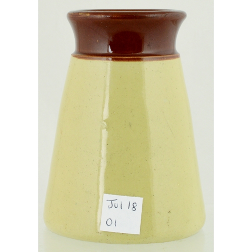 577 - HALIFAX CREAM POT. 3.75ins tall. Churn shape, brown top, lower off white glaze, black transfer GOLDE... 