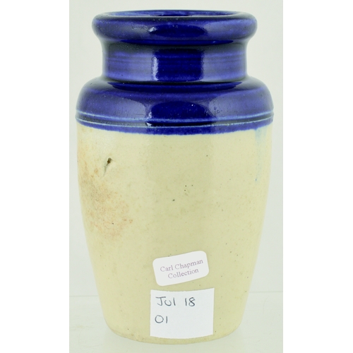 579 - BUTTERCUP DAIRY CREAM POT. 4.25ins tall. Blue top, lower off white glaze, blue transfer PURE FRESH C... 