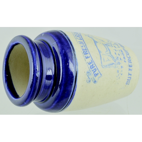 579 - BUTTERCUP DAIRY CREAM POT. 4.25ins tall. Blue top, lower off white glaze, blue transfer PURE FRESH C... 