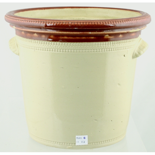 583 - BUTTERCUP DAIRY BUTTER-CROCK. 7.25ins tall. Brown rim, lower cream glaze, black transfer BUTTERCUP/ ... 