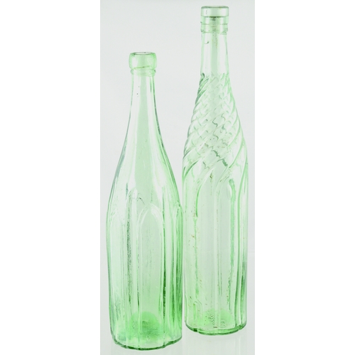 585 - SALAD OIL/ VINEGAR BOTTLES. Tallest 14ins. Both aqua glass, larger has twisted neck design other wit... 