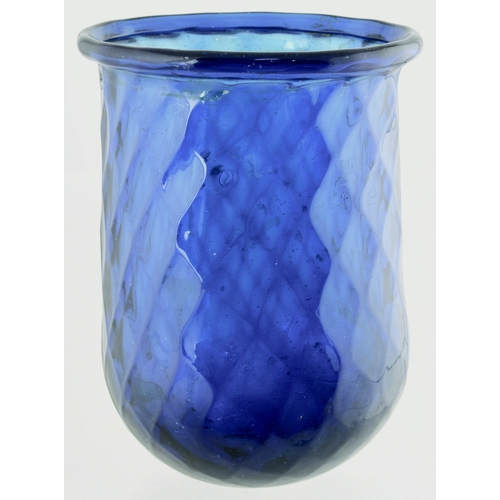 592 - PONTILLED NIGHT LIGHT. 3.75ins tall. Blue glass, diamond quilted pattern, flared rolled over lip, ba... 