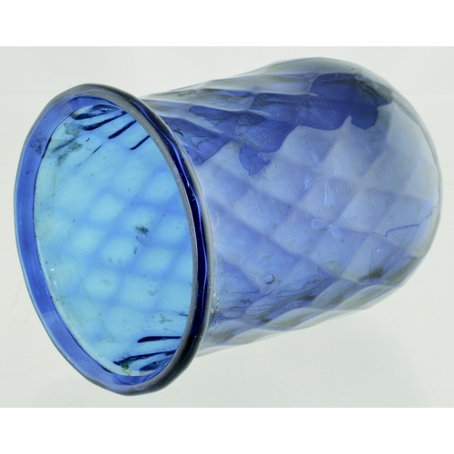 592 - PONTILLED NIGHT LIGHT. 3.75ins tall. Blue glass, diamond quilted pattern, flared rolled over lip, ba... 