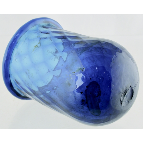 592 - PONTILLED NIGHT LIGHT. 3.75ins tall. Blue glass, diamond quilted pattern, flared rolled over lip, ba... 