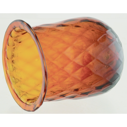 593 - PONTILLED NIGHT LIGHT. 3.5ins tall. Amber glass, diamond quilted pattern, flared lip, base pontil. C... 