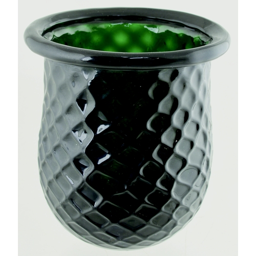 595 - PONTILLED NIGHT LIGHT. 3.25ins tall. Dark emerald green glass, diamond quilted pattern, flared rolle... 