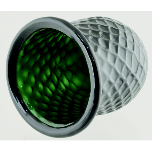 595 - PONTILLED NIGHT LIGHT. 3.25ins tall. Dark emerald green glass, diamond quilted pattern, flared rolle... 