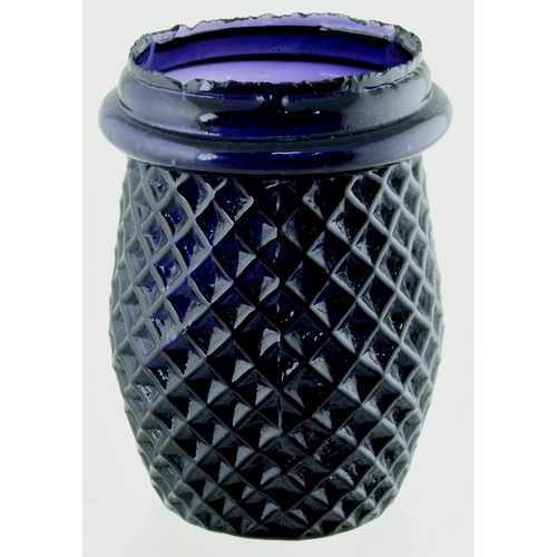 596 - DIAMOND REGISTERED NIGHT LIGHT. 3.5ins tall. Dark purple glass, barrel shape with cross hatched desi... 